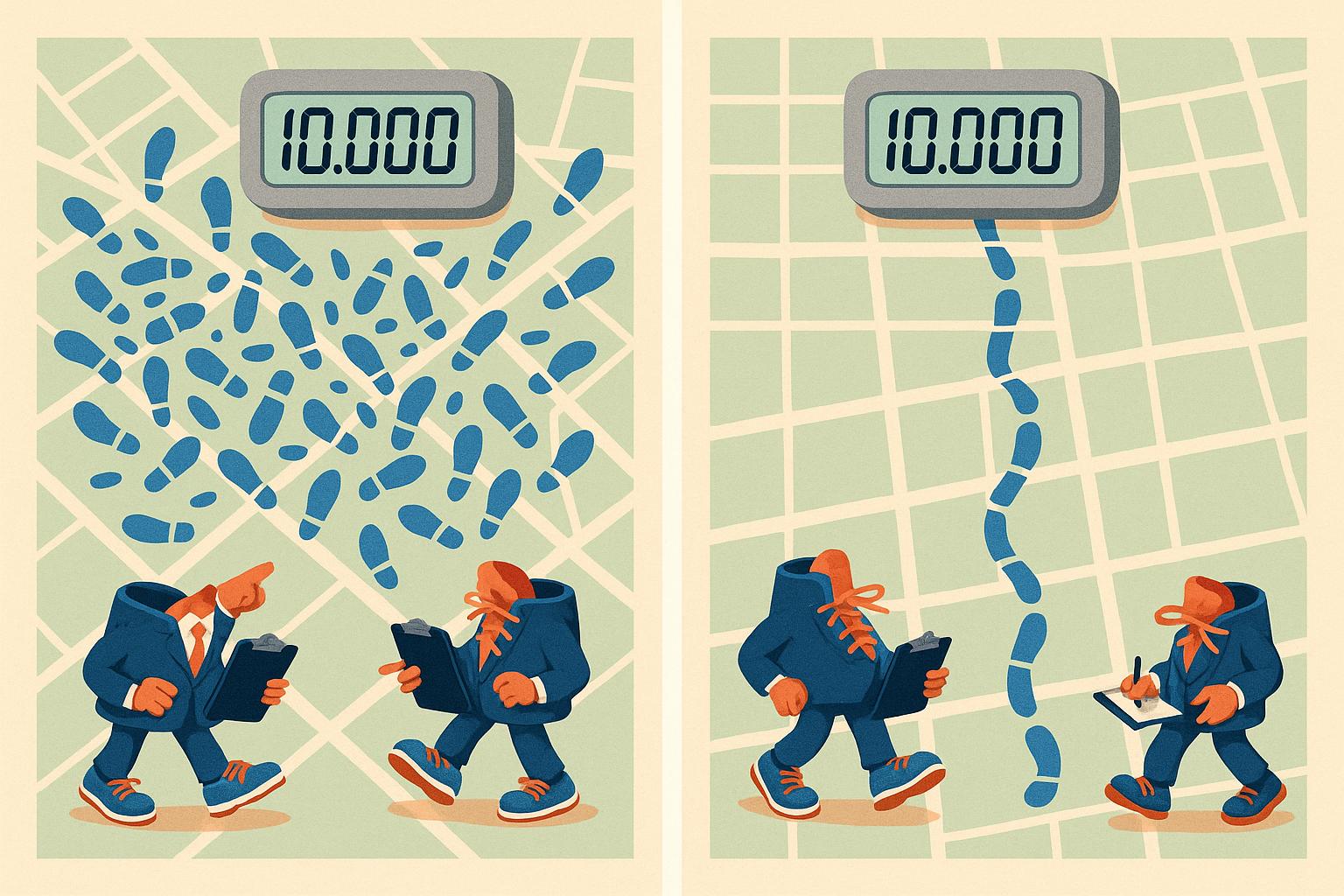 Photorealistic lifestyle photo of an adult taking a brisk walk on a city sidewalk in cool morning light, no logos or text