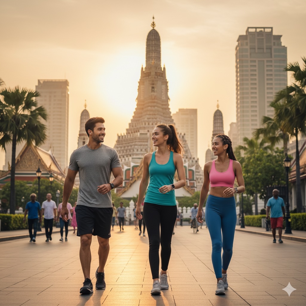 Elevated skywalk in Bangkok connecting modern shopping malls with pedestrians walking above traffic