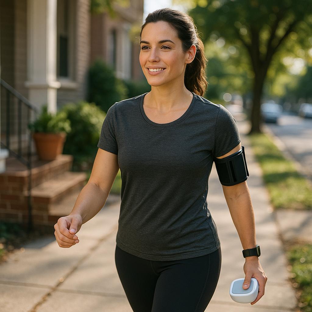 Photorealistic lifestyle photo of an athletic adult brisk-walking in a neighborhood with a blood pressure cuff on the upper arm and a compact home blood pressure monitor in hand (screen not readable)