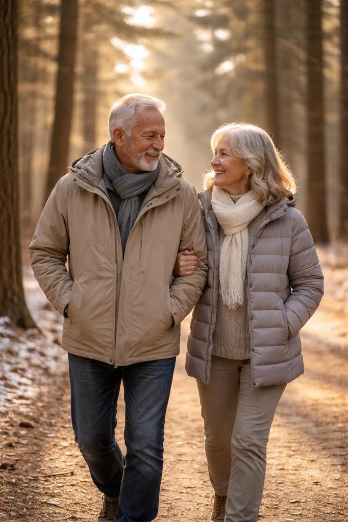 Older couple walking together on a forest trail in winter sunlight