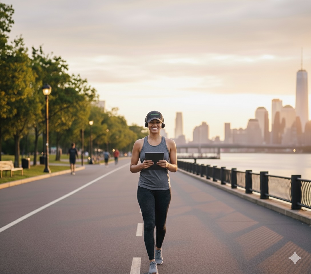 Person walking in an office hallway smiling with headphones on