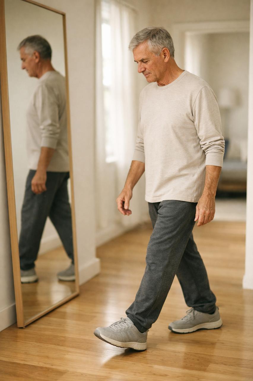 Photorealistic lifestyle photo of an older adult practicing a calm indoor walk near a mirror in a bright, uncluttered home hallway; comfortable shoes; soft natural window light; neutral tones; no logos, no text