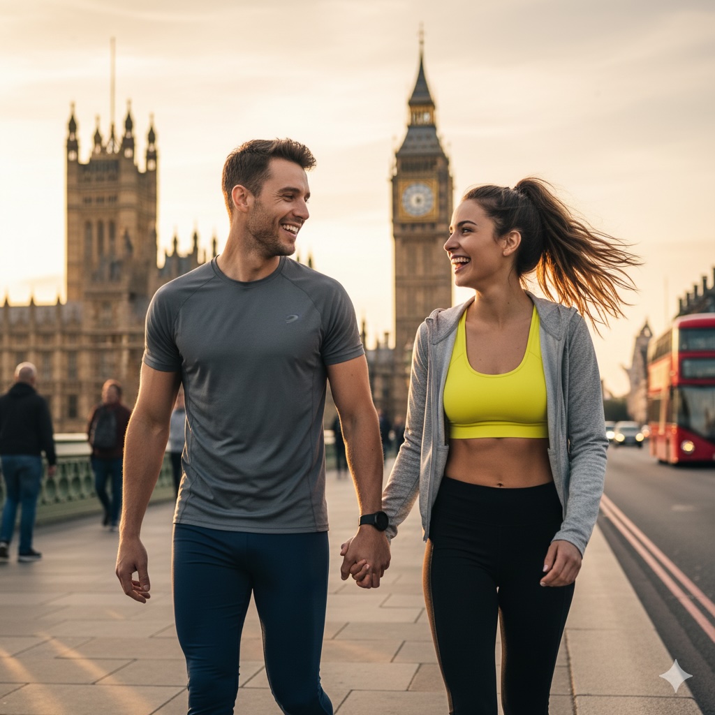 Pedestrians walking along the Thames Path in London with the skyline and bridges in view