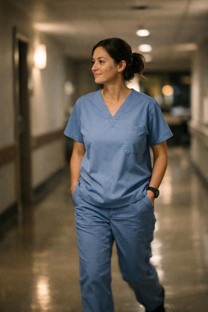 Photorealistic lifestyle photo of a healthcare worker or night shift employee taking a calm indoor walking break in a softly lit hallway at night, neutral tones, no logos or text