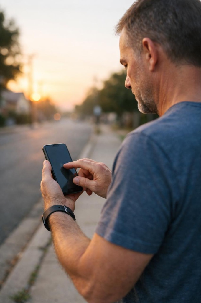 Photorealistic lifestyle photo of an adult adjusting a walking goal on a smartphone while standing on a quiet sidewalk at sunrise, casual clothing, natural light, no logos or text