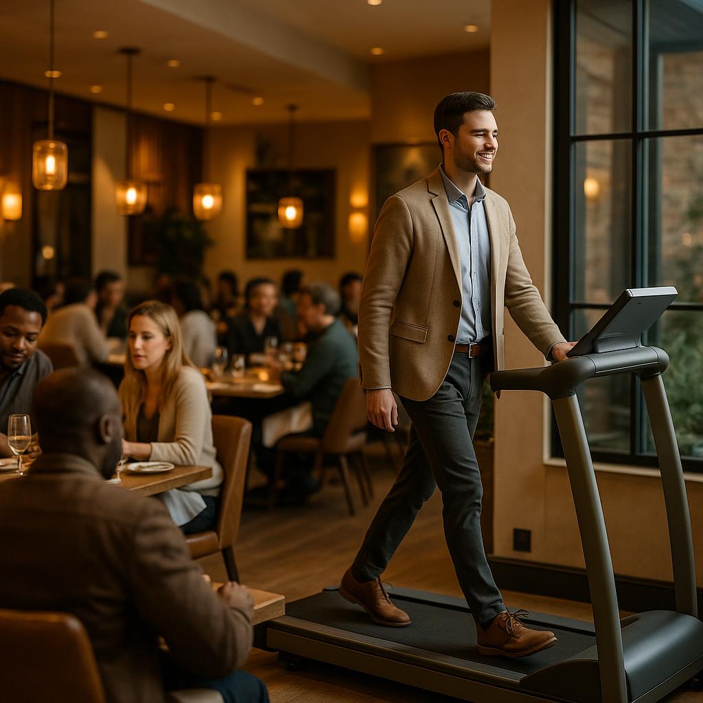 Photorealistic scene of a busy upscale restaurant with diners eating and a treadmill near a window, with an adult walking on the treadmill