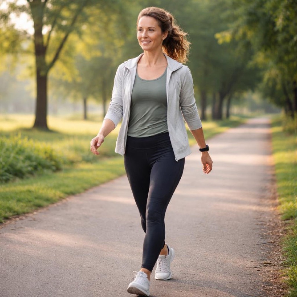 Photorealistic lifestyle photo of an adult walking purposefully on a flat park path in soft morning light, natural posture and stride, no logos or text