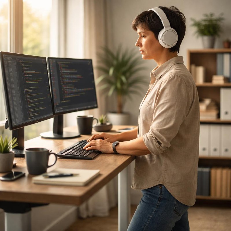 Photorealistic lifestyle photo of a person standing at a desk by a window and taking a short stretch break in a calm modern office, no logos or text