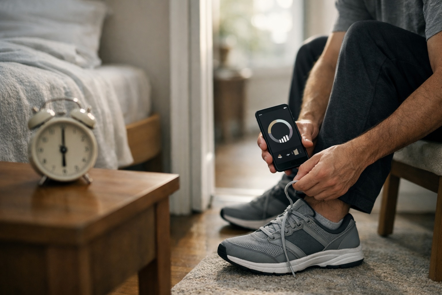 Photorealistic lifestyle photo of an adult setting a phone alarm down on a bedside table with walking shoes visible nearby in soft morning light, no logos