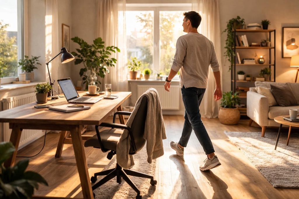 Photorealistic lifestyle photo of an adult in a calm modern home office stepping away from a desk to take a short indoor walking break, natural window light, no logos or text