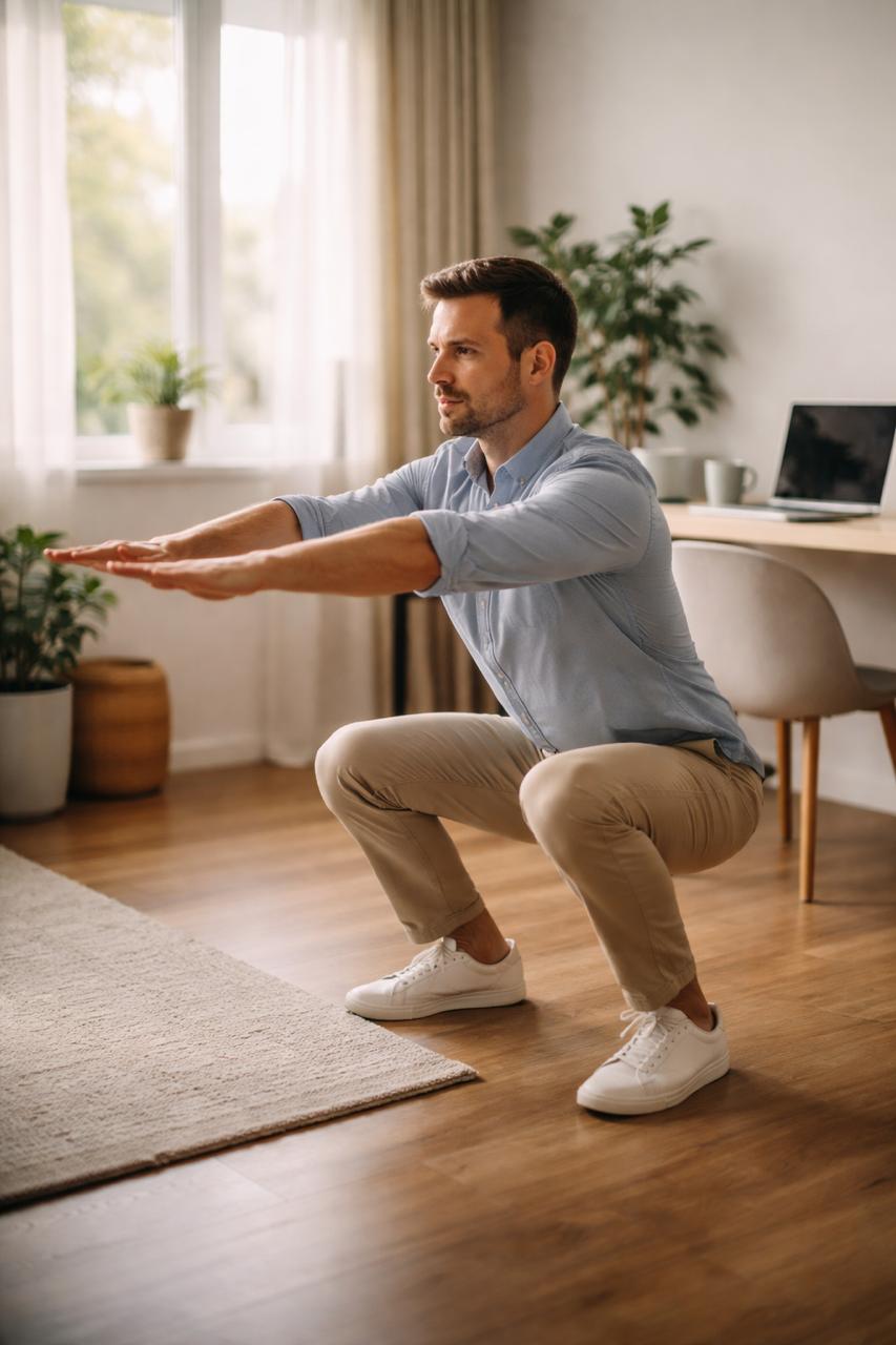 Photorealistic lifestyle photo of an adult in casual work clothes doing a gentle bodyweight squat beside a desk in a calm modern home office with soft morning window light, no logos or text