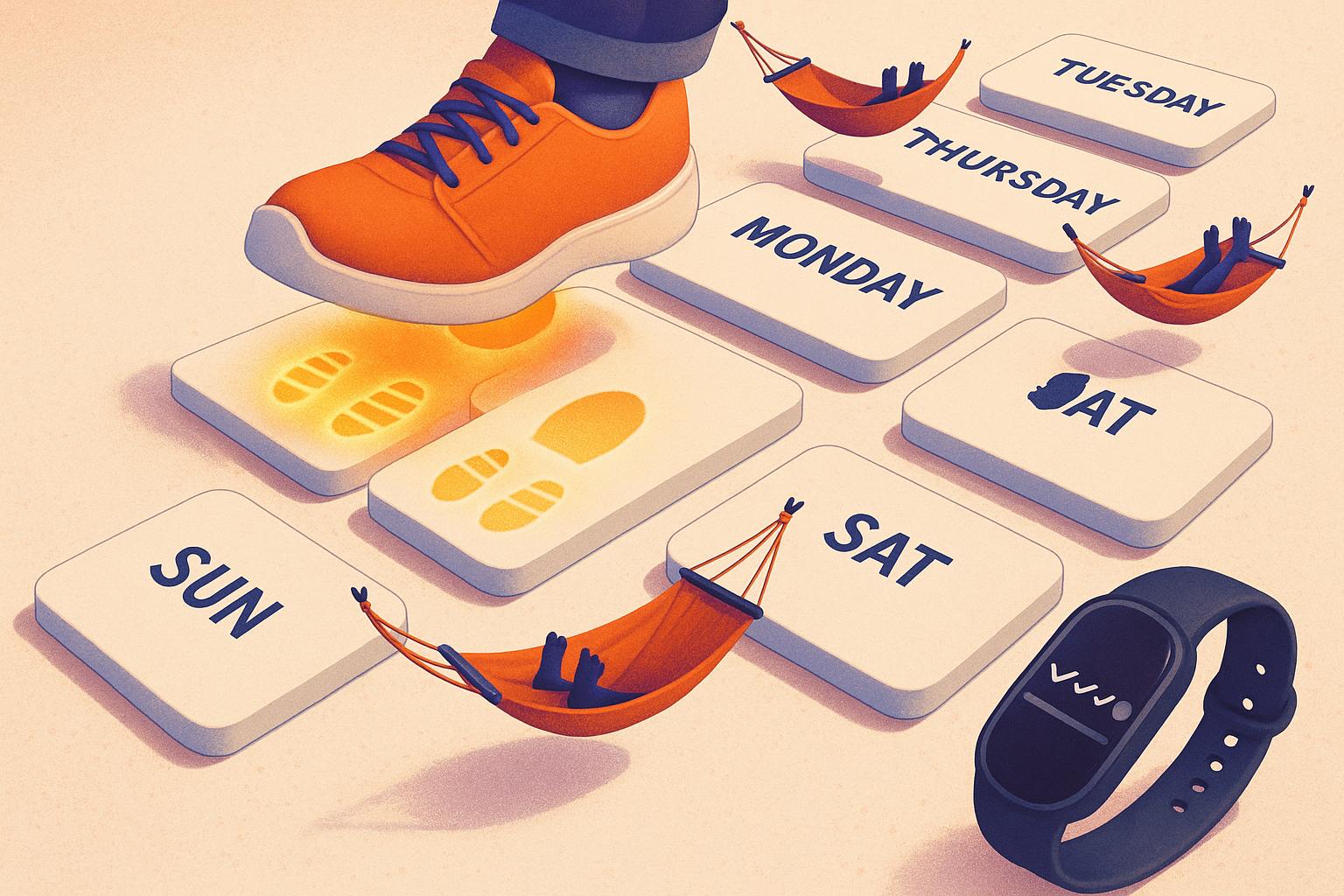 Photorealistic lifestyle photo of an older woman walking briskly on a quiet suburban sidewalk in soft morning light