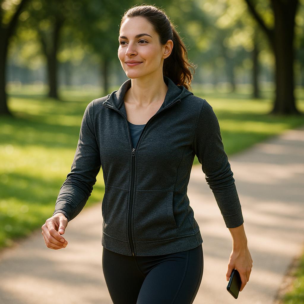 Photorealistic editorial fitness photo of an attractive, fit adult person walking briskly on a park path in bright morning light with a subtle step-counting cue (smartphone), calm upbeat mood