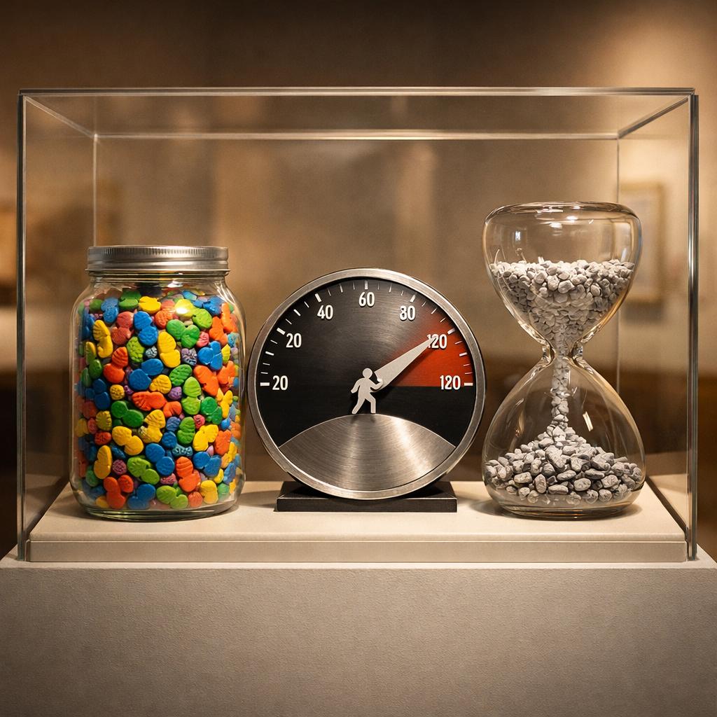 Photorealistic lifestyle photo of a person in casual clothes checking step metrics on a smartphone while standing on a quiet sidewalk in soft morning light, no logos or text