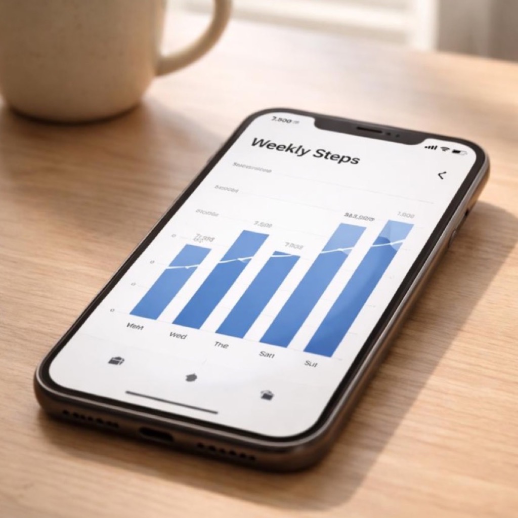 A close-up, photorealistic view of a phone showing a weekly step trend graph in soft morning light.