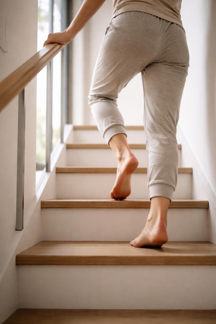 Photorealistic close-up lifestyle photo of an adult’s feet and lower legs briskly climbing indoor stairs, hand lightly on a railing, natural window light, subtle motion blur, calm modern aesthetic, no logos or text