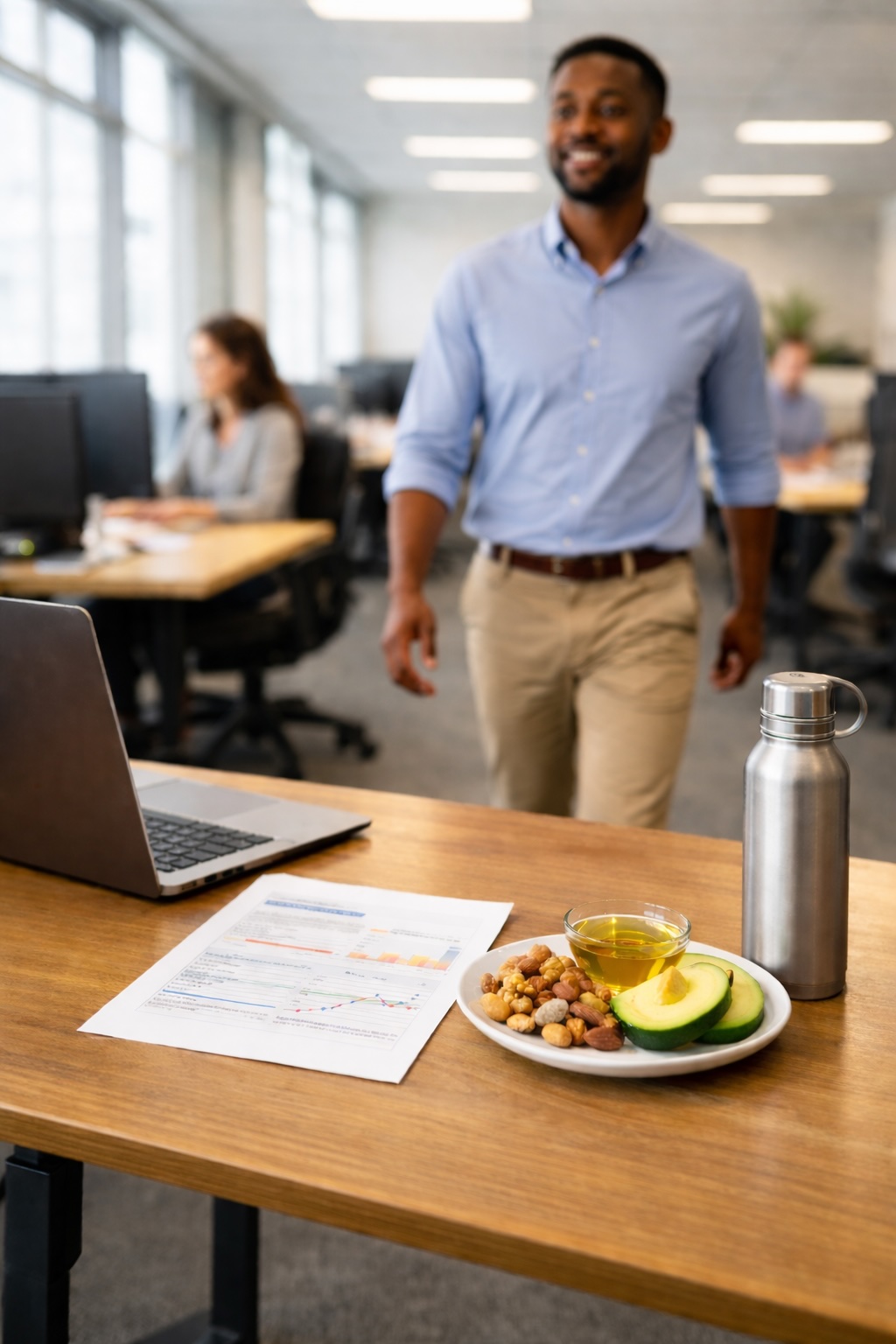 Photorealistic lifestyle photo of an adult in casual work clothes taking a short walking break in a bright office corridor, natural light, no logos