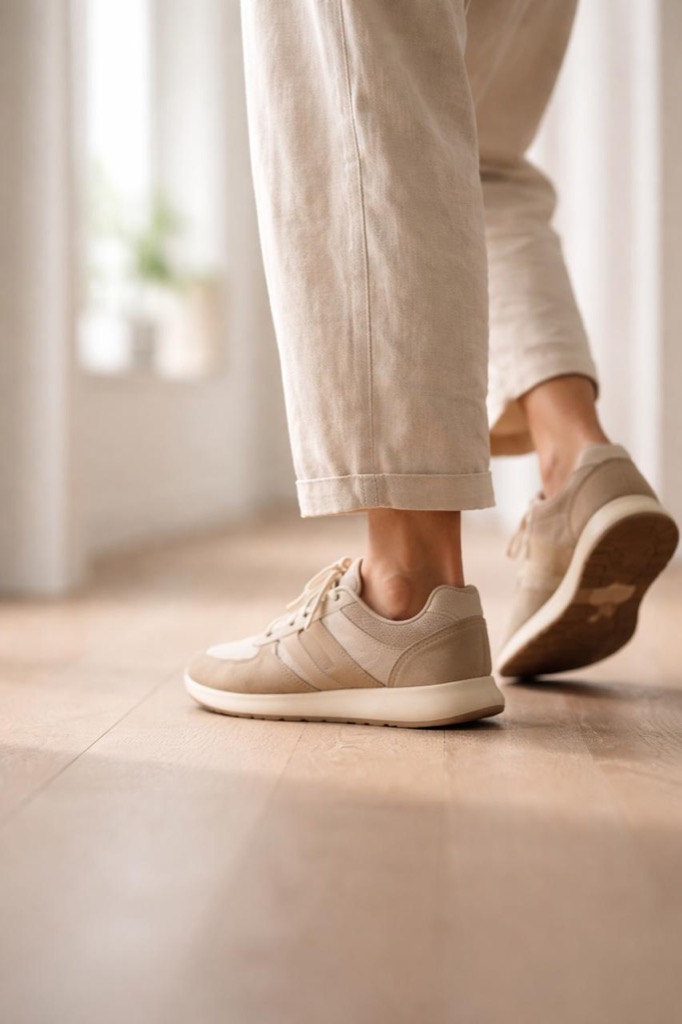 Photorealistic close-up lifestyle photo: a person’s lower legs and shoes walking indoors in soft natural light (hallway or home), subtle motion blur, calm modern aesthetic, no logos, no text