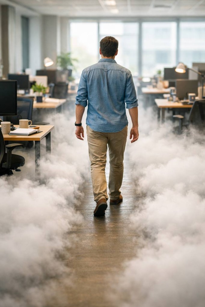 Photorealistic office scene of a person standing up from a desk to take a brief walking break in a bright modern workspace