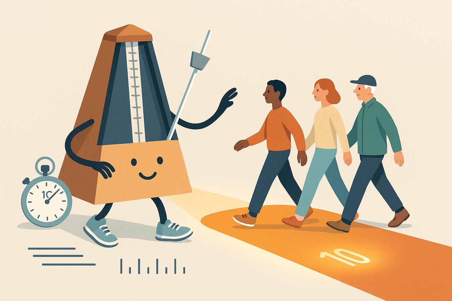 Photorealistic lifestyle photo of an adult brisk-walking on a park path while glancing at a smartwatch, early morning light, no logos