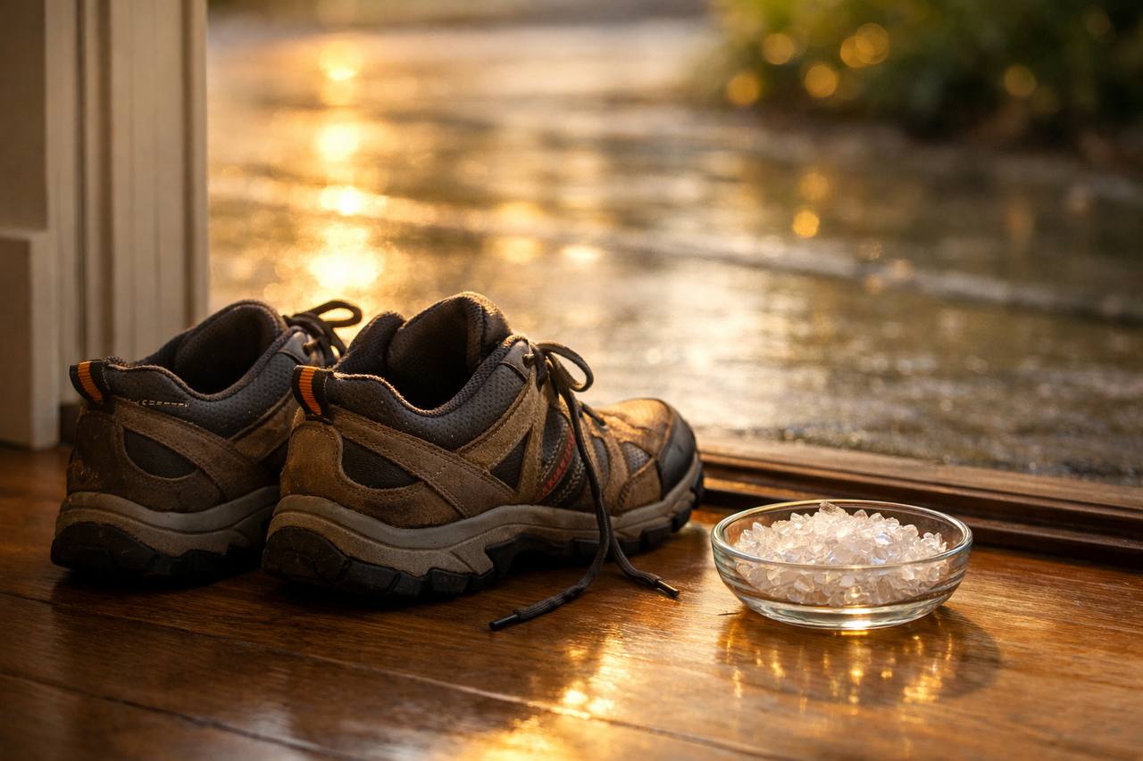 Photorealistic lifestyle photo of an adult taking a calm, purposeful walk on a flat sidewalk in soft early-morning light; subtle focus on comfortable walking shoes and steady stride; neutral tones; no logos, no text