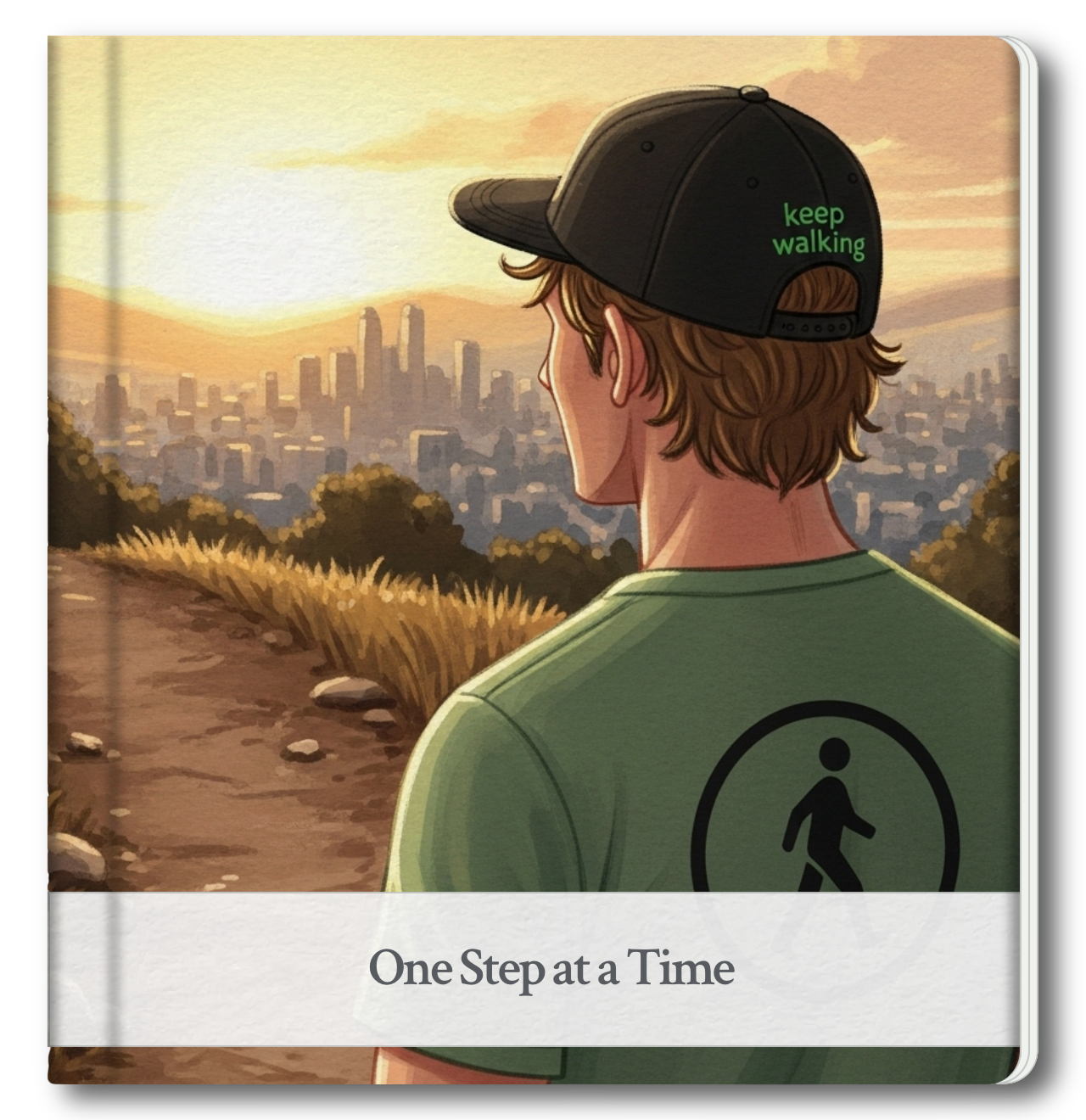 Cover of One Step at a Time book showing David overlooking a sunset city skyline