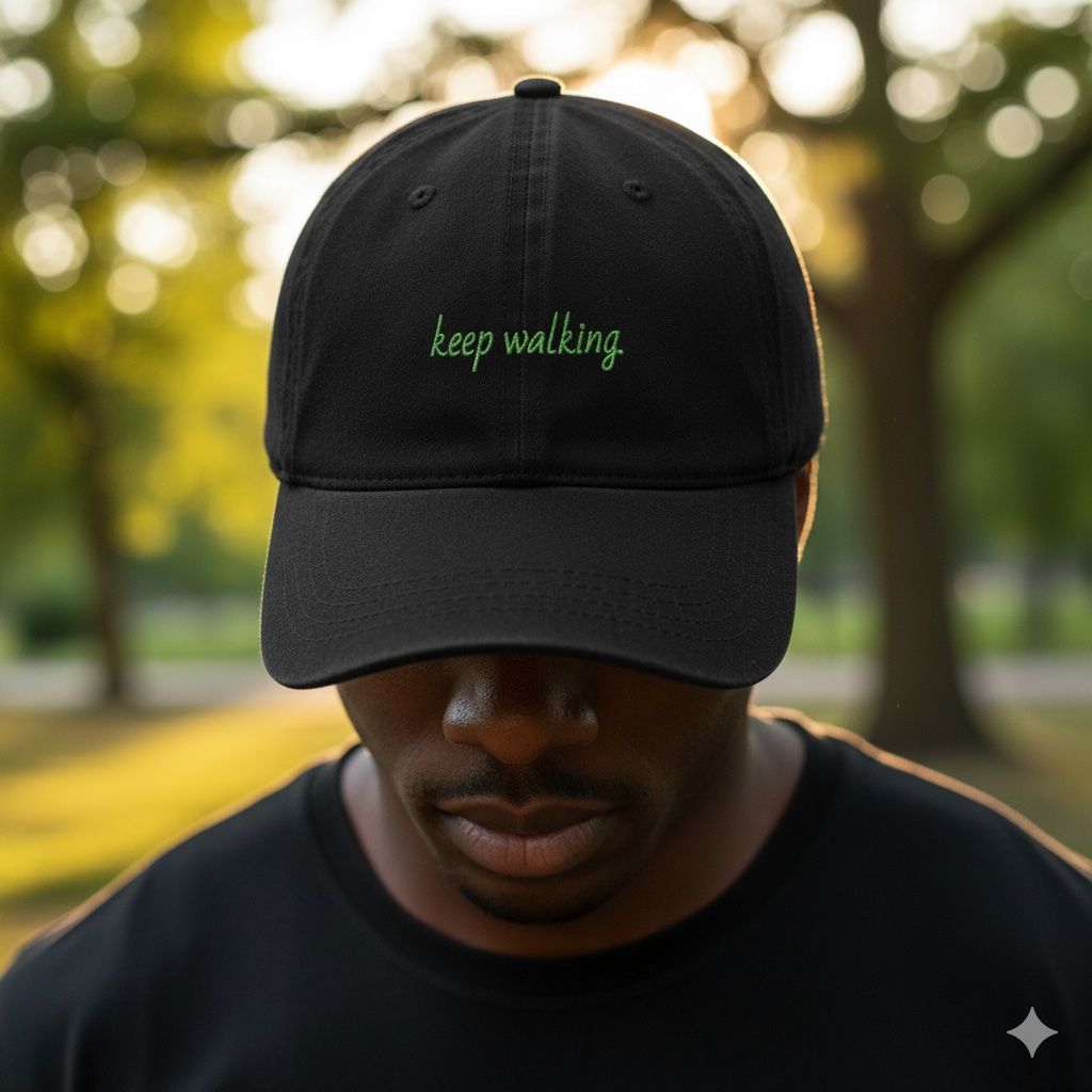 Man wearing Keep Walking hat